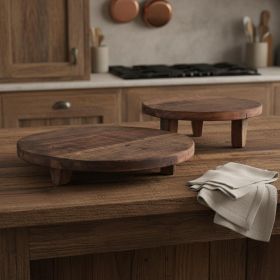 Brown Reclaimed Wood Handmade Round Riser Trays - Set of Two