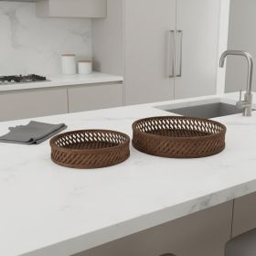 Brown Round Wicker Handmade Serving Tray - Set of Two