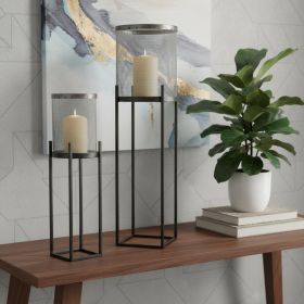 Black Distressed Geometric Metal Lantern Candle Holders - Set of Two
