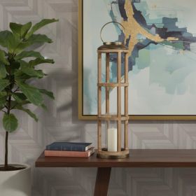 Natural And Brass Solid Wood And Metal Tabletop Lantern Candle Holder