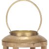 Natural And Bronze Solid Wood And Metal Tabletop Lantern Candle Holder