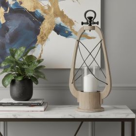 Brown And Black Solid Wood Metal And Glass Tabletop Lantern Candle Holder