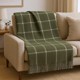 Olive Green And White Cotton Blend Woven Plaid Throw Blanket with Fringe - 50" X 67"