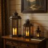 Black And Gold Filigree Metal Tabletop Lantern Candle Holders - Set of Three
