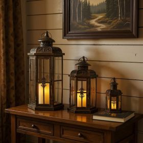 Black And Gold Filigree Metal Tabletop Lantern Candle Holders - Set of Three