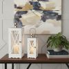 Clear And White Glass And Solid Wood Floor Lantern Candle Holders - Set of Two