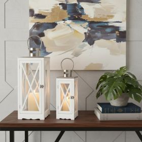Clear And White Glass And Solid Wood Floor Lantern Candle Holders - Set of Two