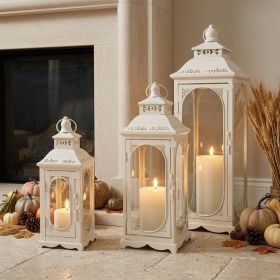 Clear And White Glass And Metal Floor Lantern Candle Holders - Set of Three