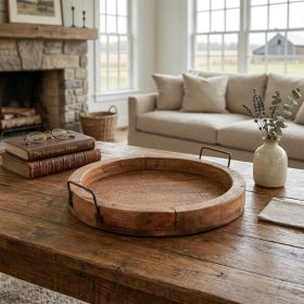 Natural Solid Wood Handmade Round Serving Tray With Handles - 15"