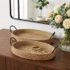 Natural and Black Jute Metal And Solid Wood Oval Serving Trays With Handles, Set of Two