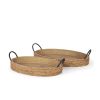 Natural and Black Jute Metal And Solid Wood Oval Serving Trays With Handles, Set of Two
