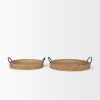 Natural and Black Jute Metal And Solid Wood Oval Serving Trays With Handles, Set of Two