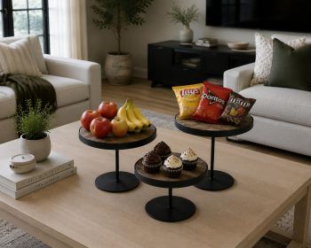 Black And Light Brown Iron And Solid Wood Round Risers - Set of Three