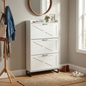 Barn Door Three-drawer Cabinet With Top Panel, Shoe Cabinet, Particleboard, 80x24x145cm, Distressed White