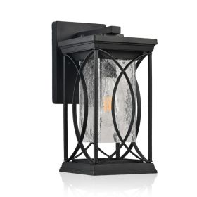 14in H 1-pack Black Outdoor Wall Lantern With Crackled Glass, Weather-Resistant Exterior Light Fixture For Porch, Patio, And Entryway, Modern Decorati