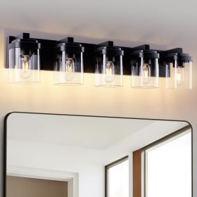 5 Light Bathroom Vanity Light, Matte Black Bathroom Light Fixtures With Clear Glass Shade, Vanity Light Fixtures Over Mirror For Bedroom Living Room N