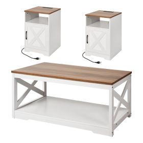 3 Pieces Farmhouse Coffee Table Sets, 40 in Industrial Coffee Table with 2 End Side Tables