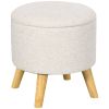 Linen Upholstered Round Storage Ottoman with Wood Legs