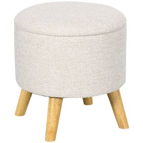 Linen Upholstered Round Storage Ottoman with Wood Legs
