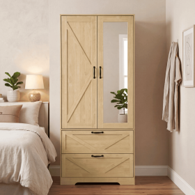 2 Door Wood Wardrobe for Bedroom with Hanging Clothing Rod inside the Cabinet and 2 Drawers for Storage Organization