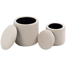 Cream White Corduroy Storage Ottomans with Wood Lids – Set of 2