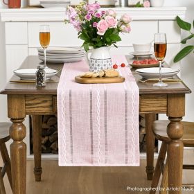 Mode Pink Rustic Cotton Linen Table Runner, Seasonal Embroidered Hollow Kitchen Dining Table Decoration for Home Party Decor 13x60 Inch