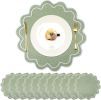 Set of 12 Cotton Linen Scalloped Placemats, 15" (Green with Silver)