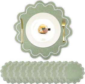 Set of 12 Cotton Linen Scalloped Placemats, 15" (Green with Silver)