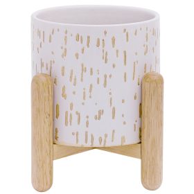White Ceramic & Wood Planter & Stand Set, 6"D x 5.5"H