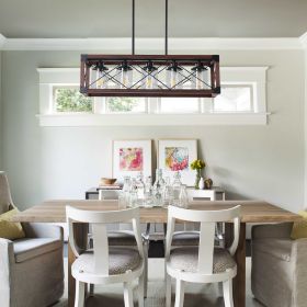 32" Red Wood Industrial Farmhouse Rectangle Pendant Light, 5-Light Chandelier with Lampshade for Dining Room