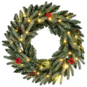 24" Pre-Lit Christmas Wreath - 20 Warm White LEDs + Pine Cones + Red Berries