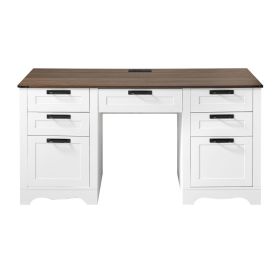 Executive Desk, Farmhouse Office Table with Charging Station, Heavy Duty Particle Board Executive Table with Storage Drawers, 200 LBS Load Capacity
