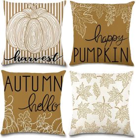 Hello Autumn Happy Pumpkin Maple Leaf Harvest Throw Pillow Covers, 18x18, Set of 4