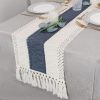 Boho Blue Table Runner 72 Inches Long with Tassels Macrame Farmhouse Style Party Rustic Wedding Baby Bridal Shower Dining Decor (12x72 Inches)