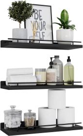 Floating shelving unit with black metal railing, 3-piece set, suitable for bedrooms, bathrooms, kitchens, living rooms, etc., for displaying plants