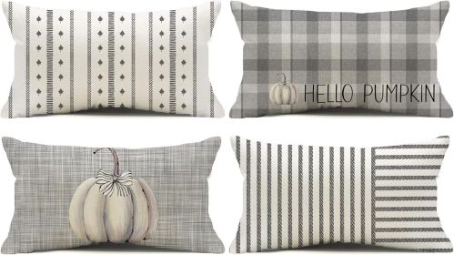 Grey Striped Fall Pumpkin Throw Pillow Covers, 12x20 Inch, Set of 4