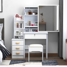 Fashion Vanity Desk with Mirror and Lights for Makeup and Chair, Vanity Mirror with Lights and Table Set with 3 Color Lighting Brightness Adjusta