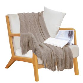 Coffee Diamond Pattern Knitted Throw Blanket with Tassels – Warm, Cozy Woven Cover for Bed, Sofa, Couch, or Home Décor