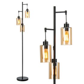 Retro Floor Lamp with 3-Head Hanging Amber Glass Shades