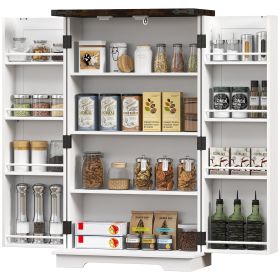 Farmhouse Kitchen Pantry Storage Cabinet, Kitchen Pantry Cabinet with Doors and Adjustable Shelves, White