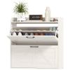 Narrow Shoe Storage Cabinet, Farmhouse Slim Shoe Cabinet with 2 Flip Drawers, Adjustable Shelves, White Oak