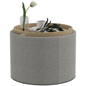 Round Linen Upholstered Coffee Table, End Table with Hidden Storage and Tray Top