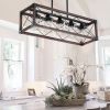 32" Red Wood Industrial Farmhouse Rectangle Pendant Light, 5-Light Chandelier with Lampshade for Dining Room