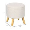 Linen Upholstered Round Storage Ottoman with Wood Legs