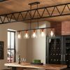 5-Light Linear Chandelier, Industrial Kitchen Island Lighting with Adjustable Height, Clear Glass Shades & Wood Grain Accent, E26 Base