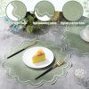 Set of 12 Cotton Linen Scalloped Placemats, 15" (Green with Silver)