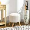 Linen Upholstered Round Storage Ottoman with Wood Legs