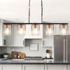 5-Light Linear Chandelier, Industrial Kitchen Island Lighting with Adjustable Height, Clear Glass Shades & Wood Grain Accent, E26 Base