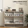 Narrow Shoe Storage Cabinet with 4 Flip Drawers, Adjustable Shelves, 16 Pair Farmhouse Shoe Cabinet, White Oak