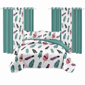 9 Piece Room In A Bag Quilt And Curtain Set, US Designer Boho Feather Print Heavyweight Bedspread With 6 Customizable Window Panels, Pet-Friendly High (Option: Queen)